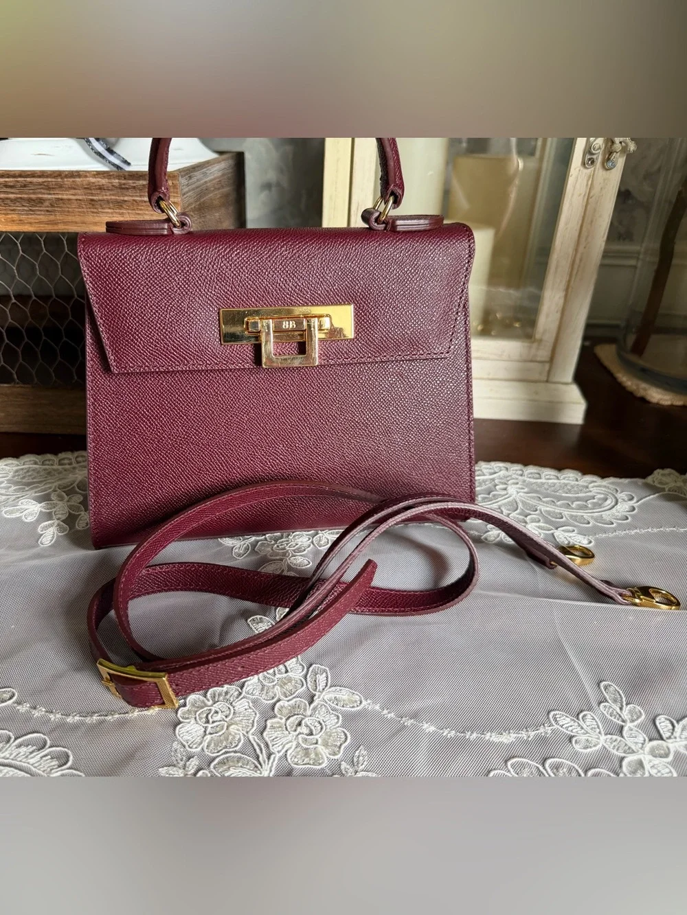 Lalage Beaumont Wine Fonteyn Mignon Leather Top-Handle Leather Satchel Purse Bag